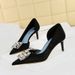 Women's shoes high heel hand scratch wrinkle cloth shallow mouth pointed side hollow rhinestone buckle single shoes_vogvips.com