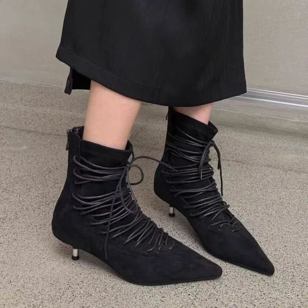 Stylish Pointed Toe Suede Front LaceUp AntiSlip WearResistant Slim Heel Shorthole 251015_vogvips.com