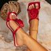 Women's Red High Heel Sandals With Rose Design Square Toe Slip-On Summer Fashion_vogvips.com