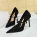 9116-3 Korean Fahion Banquet High Women' Slim Heel Shallow Mouth Corduroy Spliced Pointed One Piece Strap Single_vogvips.com