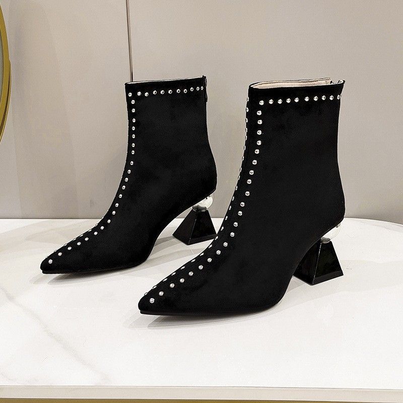 Women's High Heeled Ankle Boots Suede Pointed Toe Comfortable Casual Fashion Autumn New French Style Sexy Over-the-Ankle Rubber Sole Black_vogvips.com