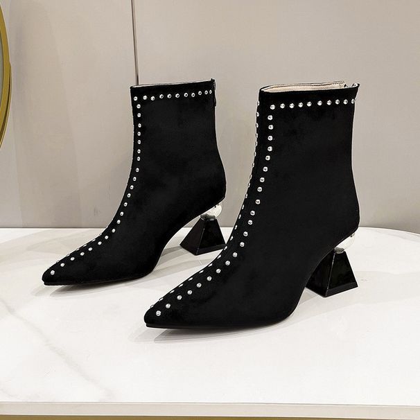 Women's High Heeled Ankle Boots Suede Pointed Toe Comfortable Casual Fashion Autumn New French Style Sexy Over-the-Ankle Rubber Sole Black_vogvips.com