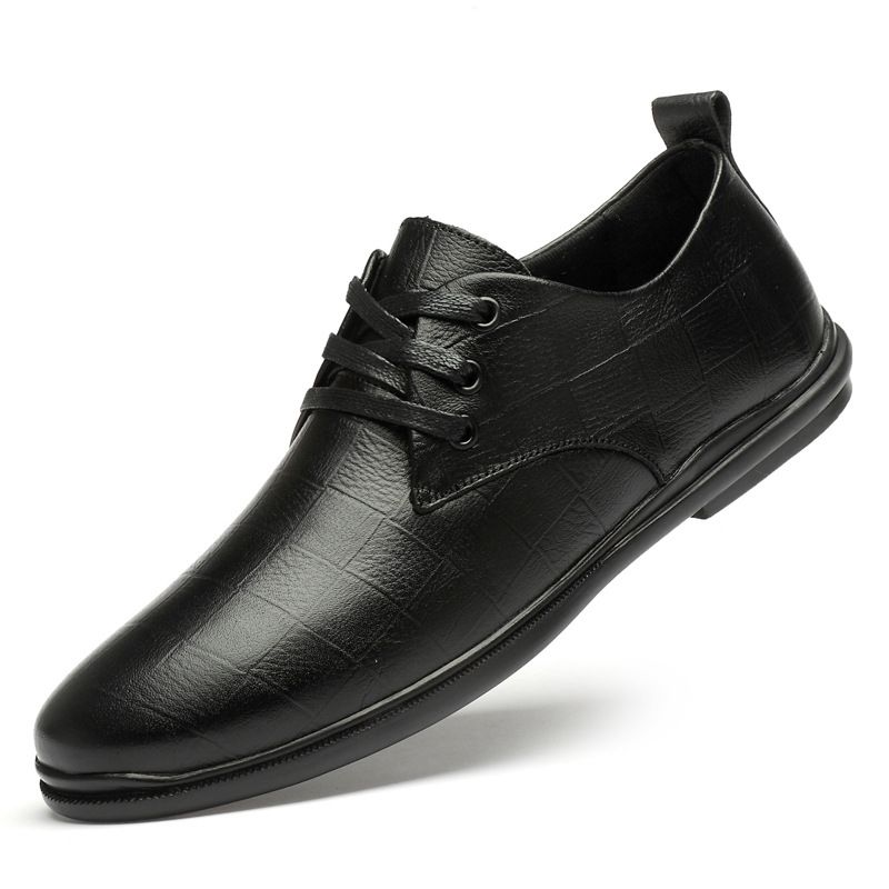Casual Leather Shoes Men's Embossed Plaid First Layer Rubber Sole Professional Wear Work Shoes Pure Leather_vogvips.com