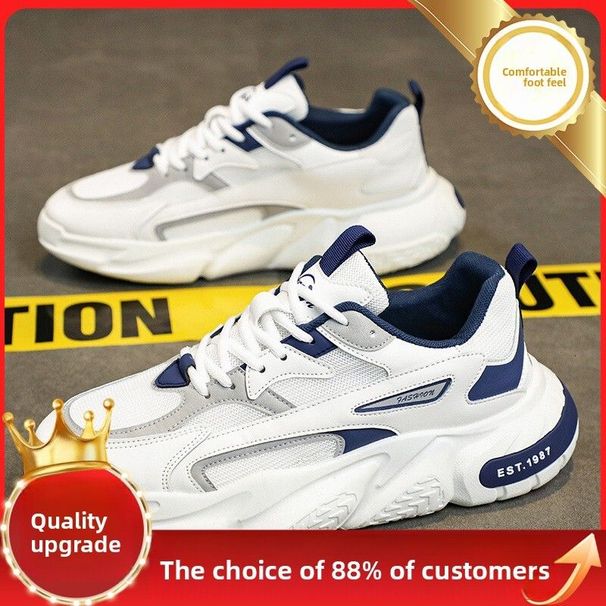 Mens White Black Chunky Dad Sneakers Breathable Mesh Upper Non Slip Thick Sole Casual Running Shoes For Streetwear_vogvips.com
