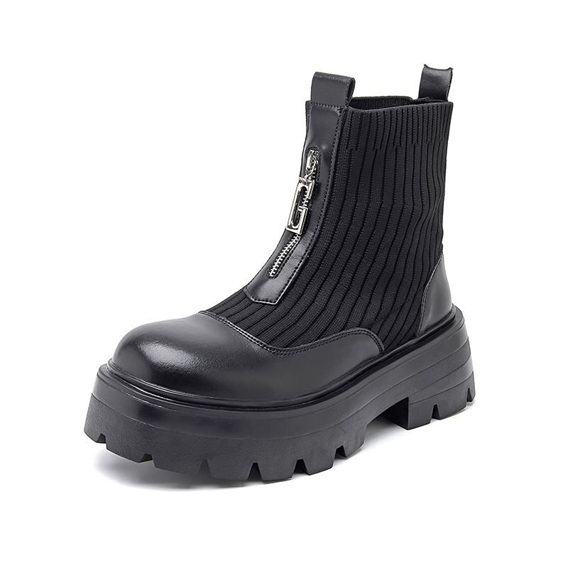 Thick-soled Heightening Retro Tooling Martin Boots Round Head Medium Heel Short Boots_vogvips.com