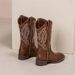 Embroidered Genuine Leather Short Boots For Women, Thick Sole, Chunky Heel, Mid-Calf Cowboy Stretchy Riding Boots,_vogvips.com