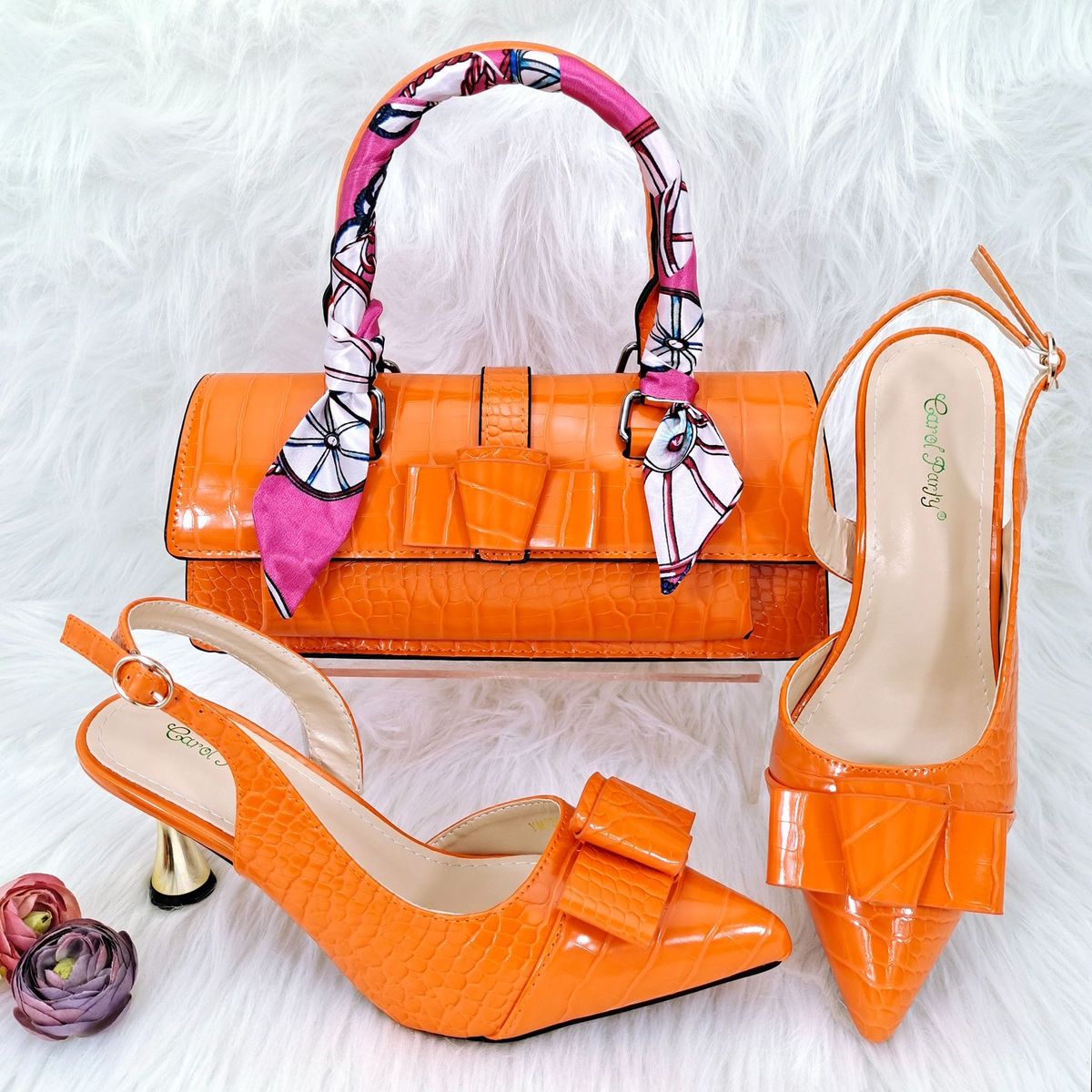 Women's pointed toe shoe and bag set, ribbon decoration, metal heels, shallow sexy high heels, simple handbag_vogvips.com