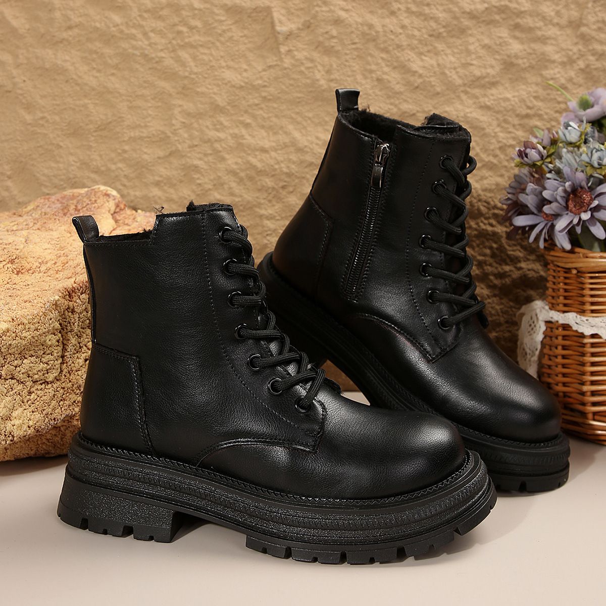 Women's Winter Faux Fur Lined Chunky Heel Martin Boots - Round Toe, Side Zipper, Comfortable & Stylish_vogvips.com