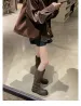 Vintage Buckle Strap Knee High Women Distressed Faux Leather Low Block Heel Slip On Casual Western Tall Boots_vogvips.com