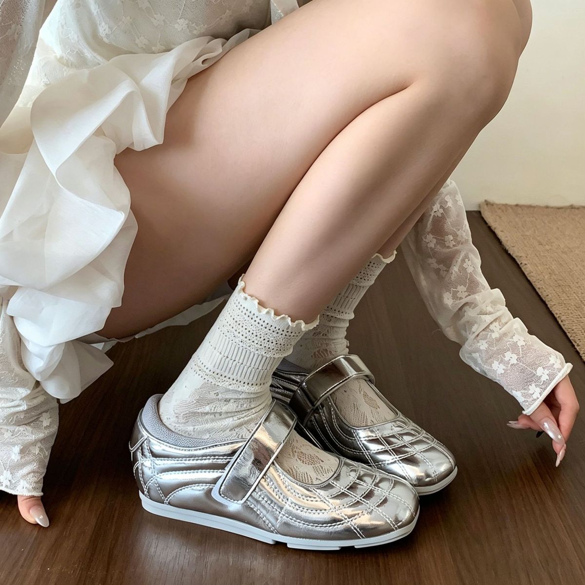 Women's Silver Velcro Ballet Flat Mary Jane Casual Shoes Style Sheepskin Version New Sports_vogvips.com