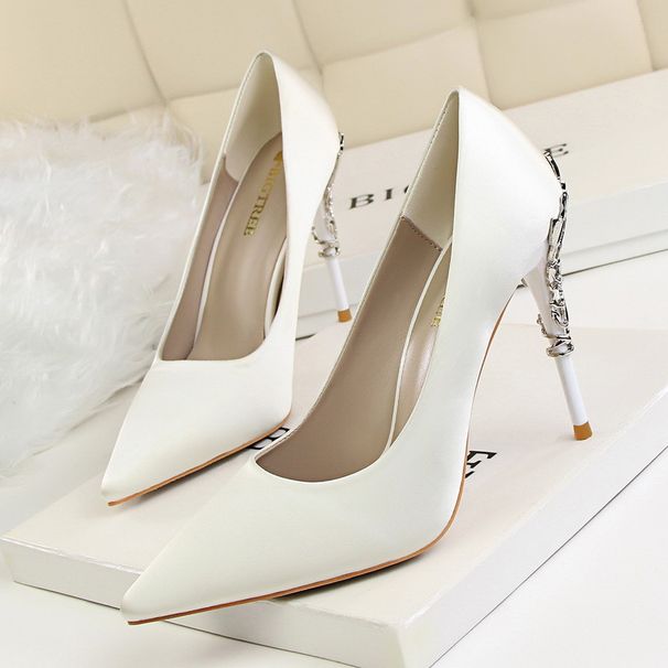 Women's Stiletto Heel Pumps Korean Style Fashion Sexy Metal Heel Stiletto High Heel Shallow Mouth Pointed Satin Thin Single Shoe Wedding Shoes_vogvips.com
