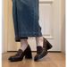 British Style Chunky Heel Loafers For Women - 8CM High Heel Round Toe Slip-On Shoes With Stitching Detail (Black, Brown, Black Fleece Lined)_vogvips.com