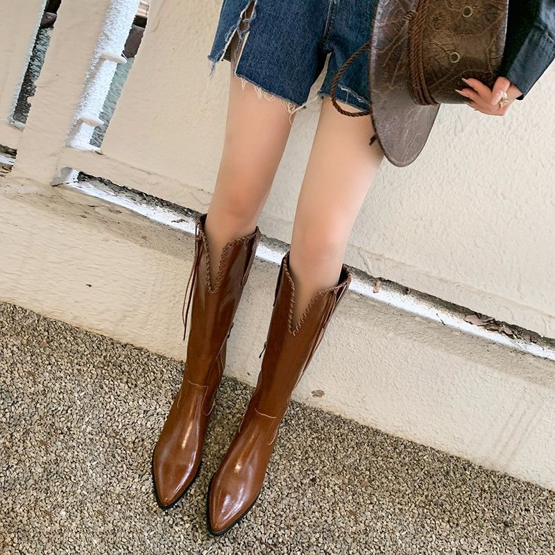 Summer Style Women Pointed Toe Western Cowboy Mid Over Knee Long High Tube Chunky Heel V-Cut Riding Boots_vogvips.com