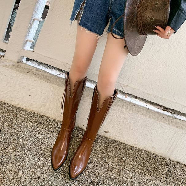 Summer Style Women Pointed Toe Western Cowboy Mid Over Knee Long High Tube Chunky Heel V-Cut Riding Boots_vogvips.com