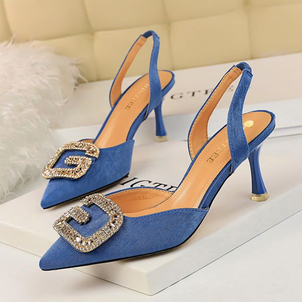 896-2 Style Banquet Women' Shoe High Heel Shallow Mouth Pointed Suede Hollow Back Strap Metal Rhinetone Buckle_vogvips.com