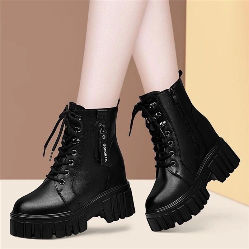 Women's Martin With Fleece Lining 2025 Autumn Winter Thick Sole Short For Petite Women Height Increasing British Style_vogvips.com