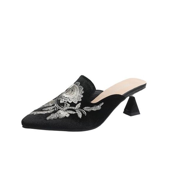 Cross-border Popular Casual Ethnic Half-slippers For Women, High-heeled Pointed-toe With Embroidered Flowers, Elegant_vogvips.com