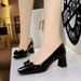 Square Head Bow Shallow Mouth Single Shoes Patent Leather Thick Heel Comfortable Women's Shoes_vogvips.com