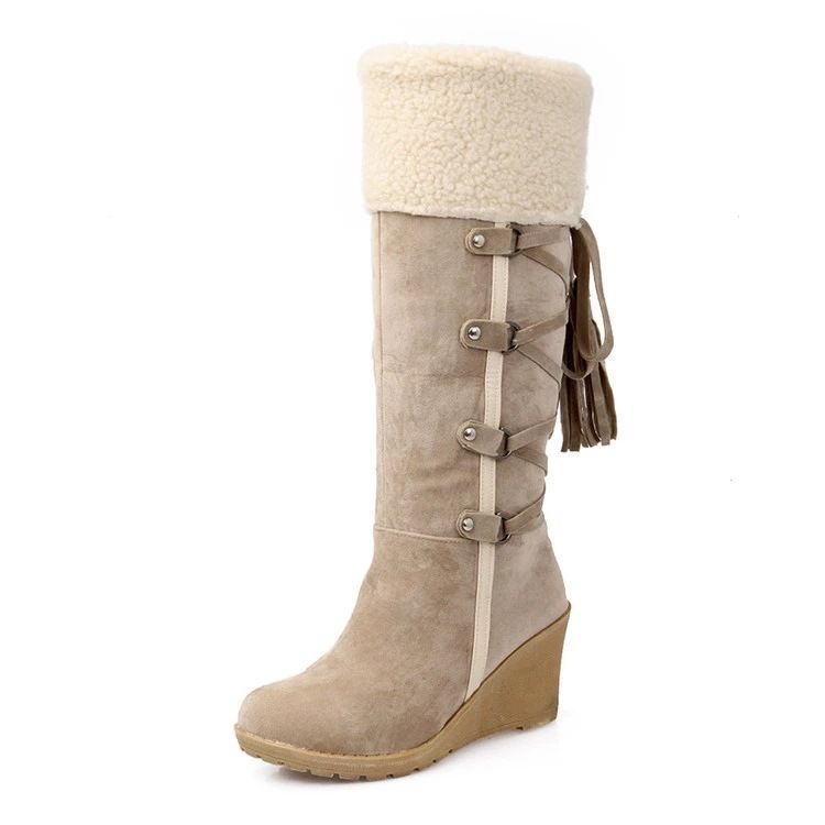 Women's Shoes Large Size Back Lace Up Tassel High Boots Sleeve Wedge Heel Snow Boots_vogvips.com