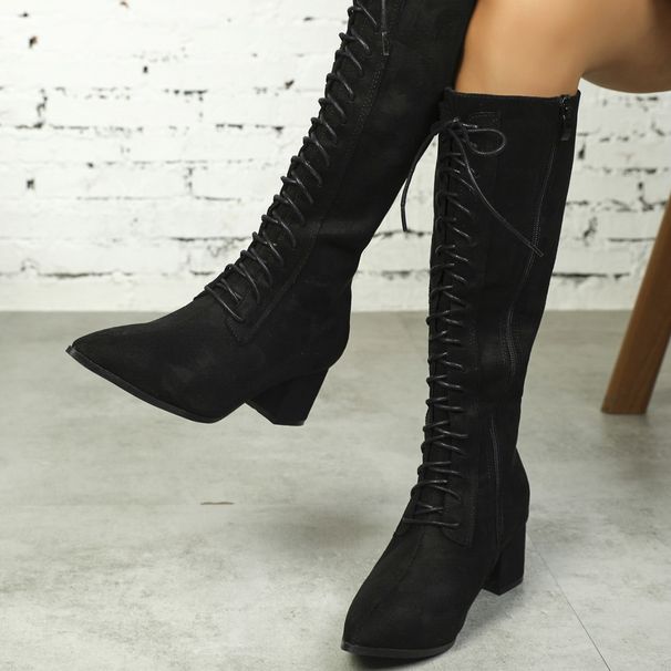 326-9 Long With Pointed Toe, Thick Heel, Black, Spicy Style, Fashionable Design, Versatile Women's Boots_vogvips.com