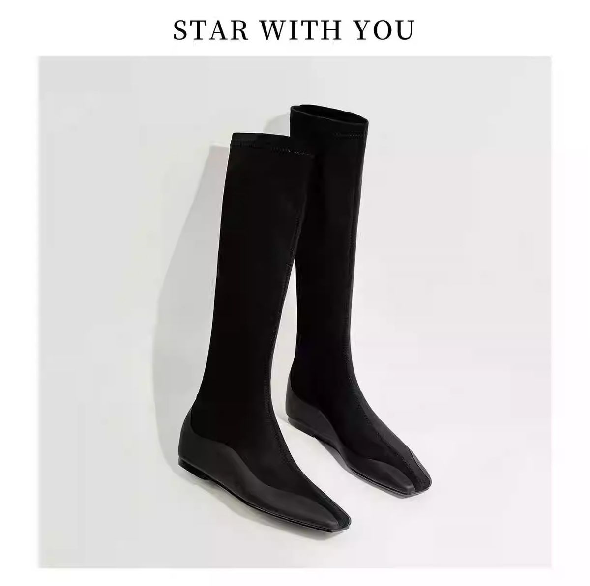 2024 Autumn Winter New Slim Inner Height Increase Elastic Long Women Leg Lengthening Straight Small Square Toe Fashion_vogvips.com
