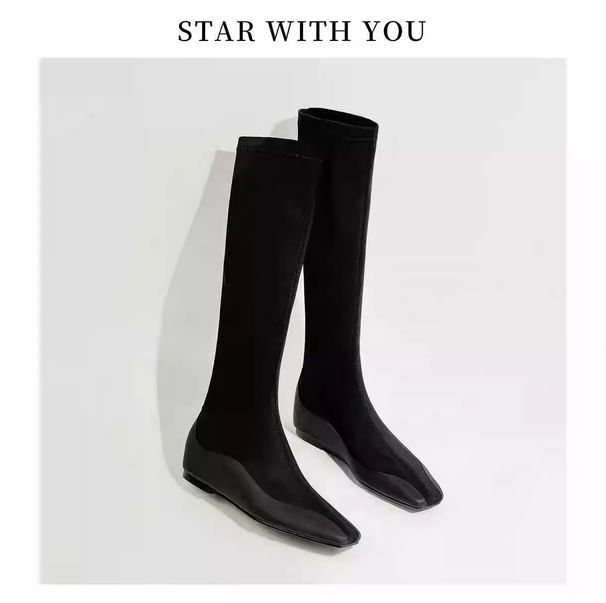 2024 Autumn Winter New Slim Inner Height Increase Elastic Long Women Leg Lengthening Straight Small Square Toe Fashion_vogvips.com