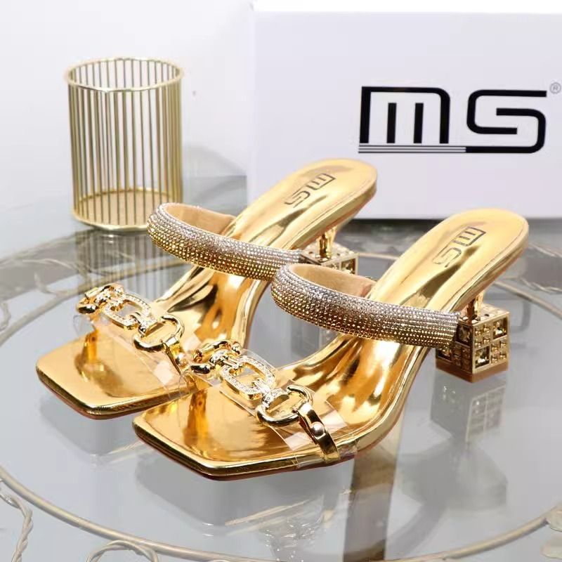 Plus Size Women's High Heel Sandals - Fashionable Rhinestone Strappy Open-Toe Slides With Chunky Heel (Gold, Silver, Black)_vogvips.com