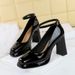 9981-K103 Style Minimalist, Thick Heel, Super Heels, Waterproof Platform, Patent Leather Square Toe, Straight Strap,_vogvips.com