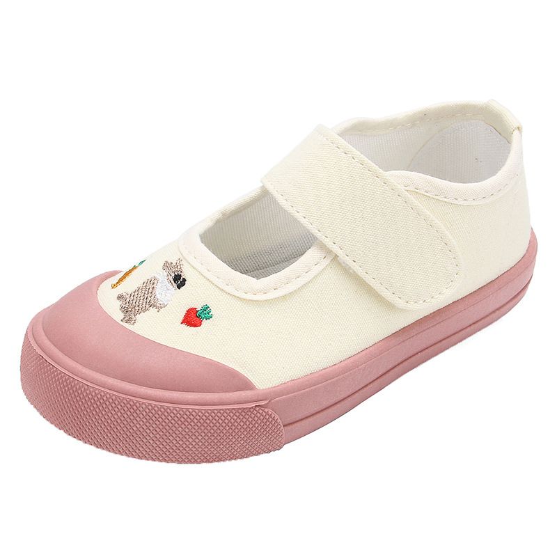 Girls' Casual Canvas Sneakers – Lightweight Low-Top Slip-On With Hook & Loop Strap (Beige, Cartoon Print, Soft Rubber Sole)_vogvips.com