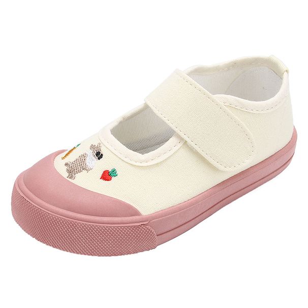 Girls' Casual Canvas Sneakers – Lightweight Low-Top Slip-On With Hook & Loop Strap (Beige, Cartoon Print, Soft Rubber Sole)_vogvips.com