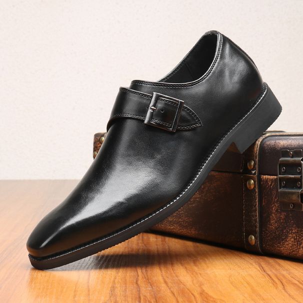 Men's Monk Business Square Formal Casual Shoes Low-top Polished Leather Buckle Slip-on Large Size Flat Toe_vogvips.com