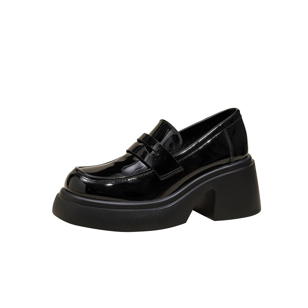 New Platform Loafers Black Muffin Chunky Heels Matching Leather Shoes_vogvips.com