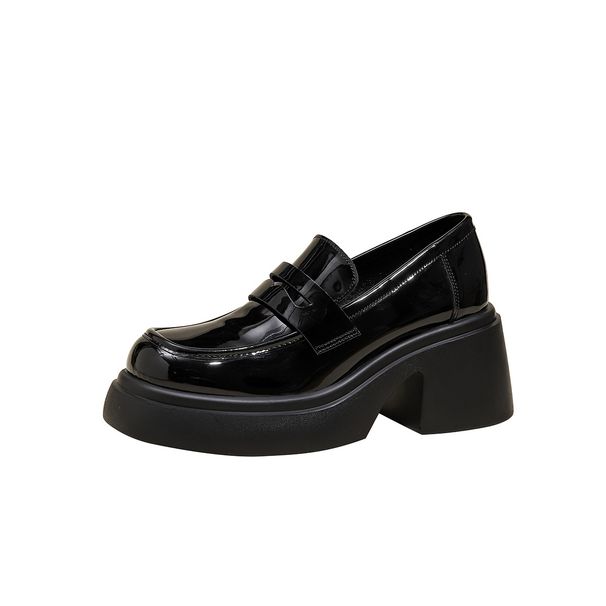 New Platform Loafers Black Muffin Chunky Heels Matching Leather Shoes_vogvips.com