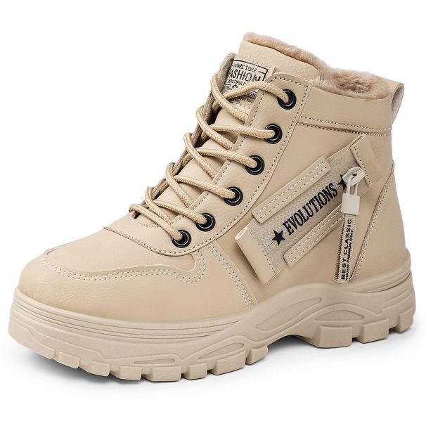 Women's Snow Winter Fashion Warm Fleece Lined Thickened Shoes Korean Style Lace-up Mid-Calf Thick Sole Cotton Boots_vogvips.com