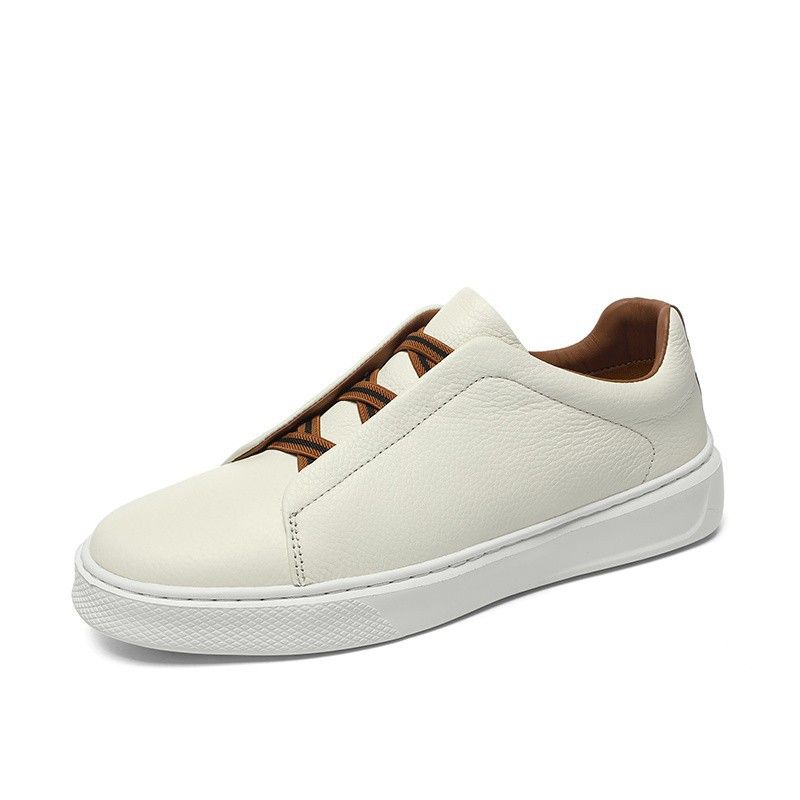Leather Board Shoes One Pedal Lazy Casual Board Shoes Irst Layer Cowhide Men's Elastic Band White Shoes_vogvips.com