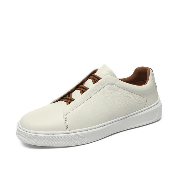Leather Board Shoes One Pedal Lazy Casual Board Shoes Irst Layer Cowhide Men's Elastic Band White Shoes_vogvips.com