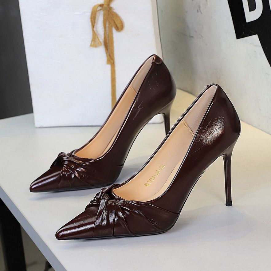 Women's Shoes High Heels For Women, Pointed Toe, Pleated Bow, Versatile, Low Cut, Elegant, Stiletto Heels For Formal Occasions._vogvips.com