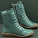 Women's Chunky Round-Toe Zip-Up Ankle Boots, Casual Mid-Calf Winter Boots With Side Zipper, Comfortable PU Leather Lace-Up Booties_vogvips.com