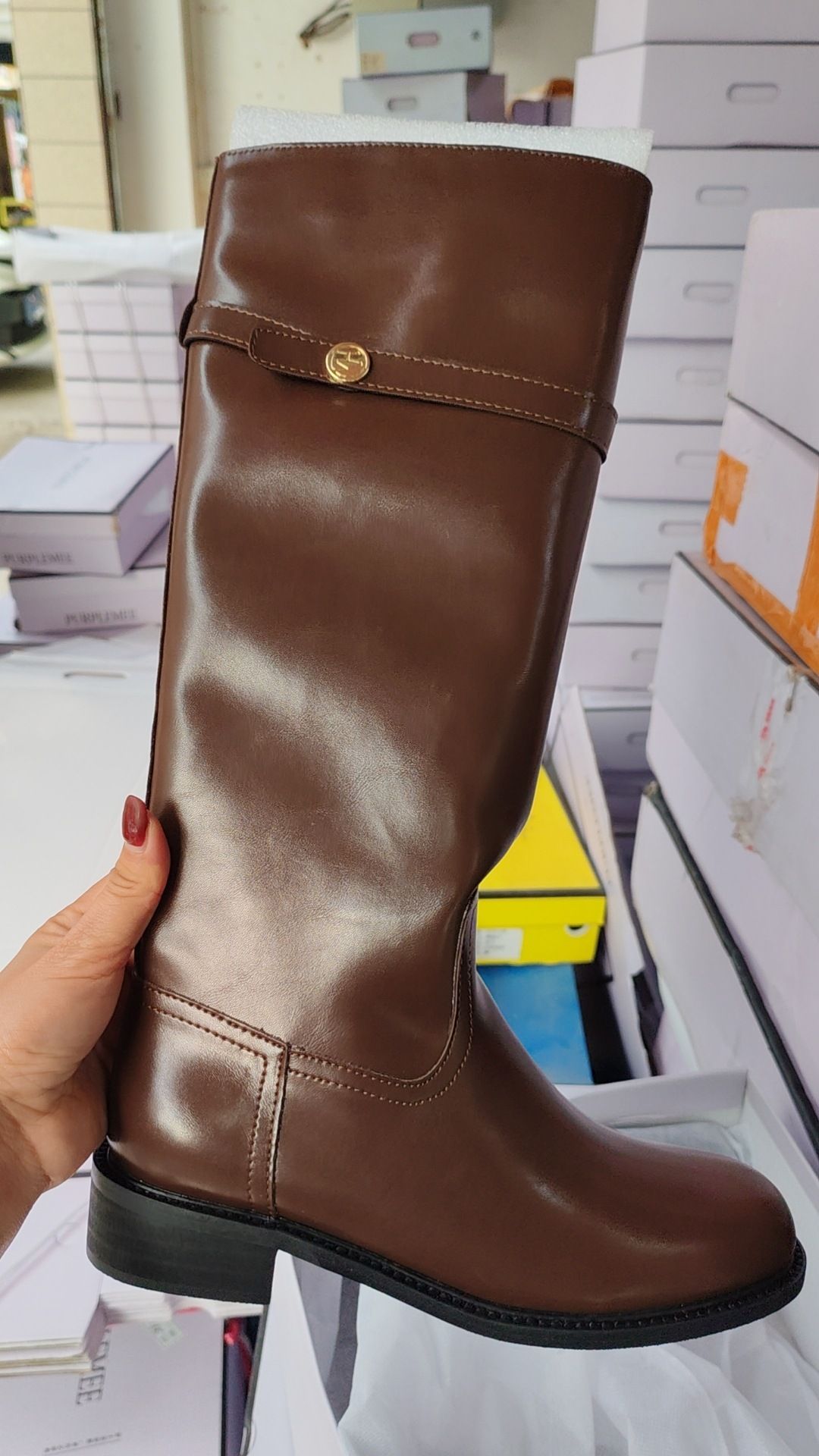 PURPLEMEE Small Gold Buckle Long For Women, Niche Design, Korean Style, Flat High Tube Riding Boots, Over-the-Knee_vogvips.com