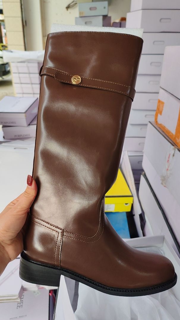 PURPLEMEE Small Gold Buckle Long For Women, Niche Design, Korean Style, Flat High Tube Riding Boots, Over-the-Knee_vogvips.com