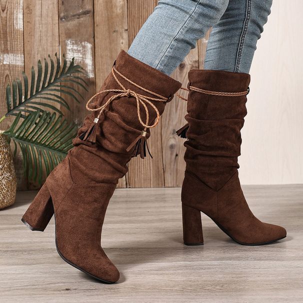 Vintage Suede Fringe Knee-High Boots For Women - Round Toe, Chunky Heel, Stacked Style, Leg-Lengthening Design (Black/Brown)_vogvips.com
