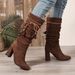 Vintage Suede Fringe Knee-High Boots For Women - Round Toe, Chunky Heel, Stacked Style, Leg-Lengthening Design (Black/Brown)_vogvips.com