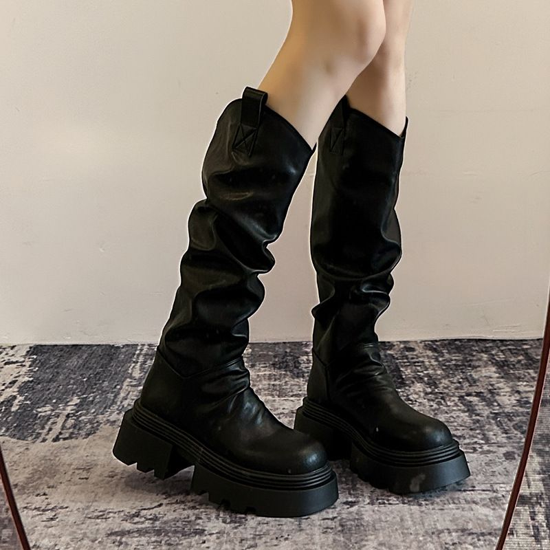 Women's Chunky Stacked Knee High Boots With Wrinkle Detail - Round Toe, Mid Heel, Waterproof & Slip-Resistant For Spring & Fall Long Knight Boots_vogvips.com