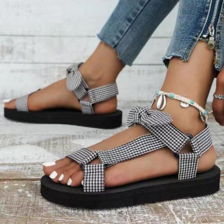 Sandals Thick Sole Summer New Beach Velcro Bow Large Women's Shoes_vogvips.com