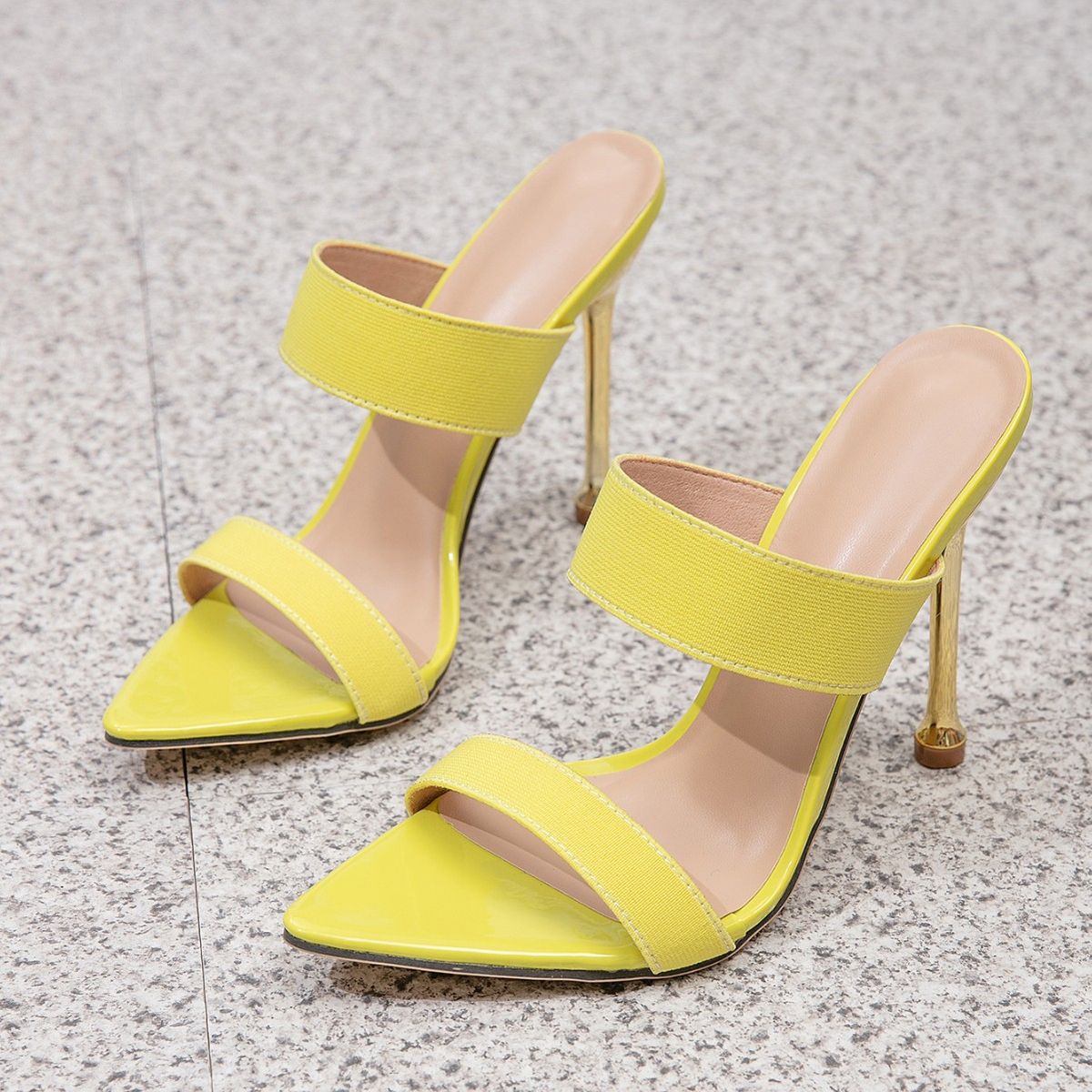 Women's Neon Yellow Pointed Toe Stiletto Heel Mules, Double Strap Slip-On Party High Heels_vogvips.com