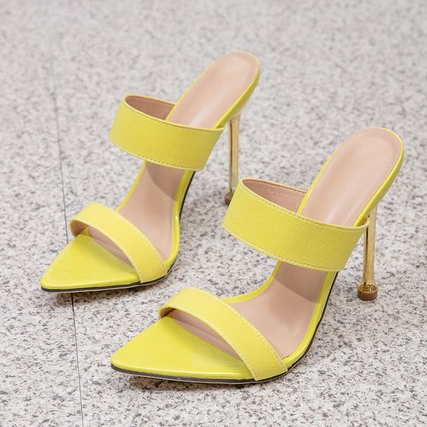 Women's Neon Yellow Pointed Toe Stiletto Heel Mules, Double Strap Slip-On Party High Heels_vogvips.com
