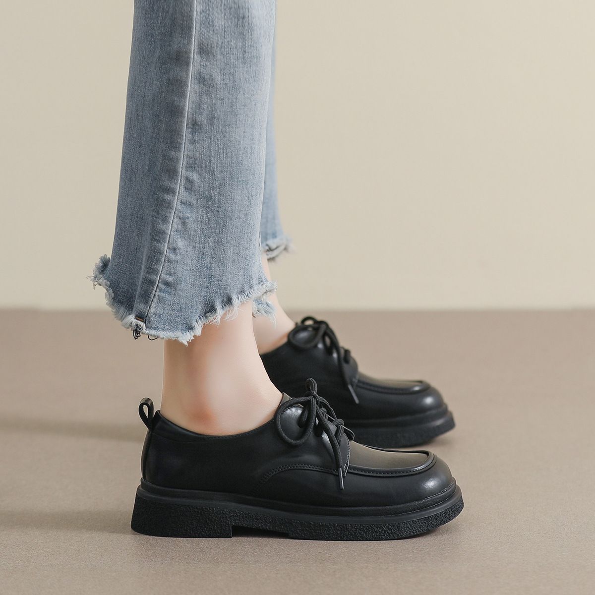 Black Lace Up Small Leather Women S College Style Platform Loafers Retro Soft Soled Single Shoes_vogvips.com