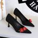 3767-AH85 Pointed Toe Stiletto Heels For Women, Suede Shallow Mouth Versatile Rose Flower Elegant Black High Heel Pumps_vogvips.com