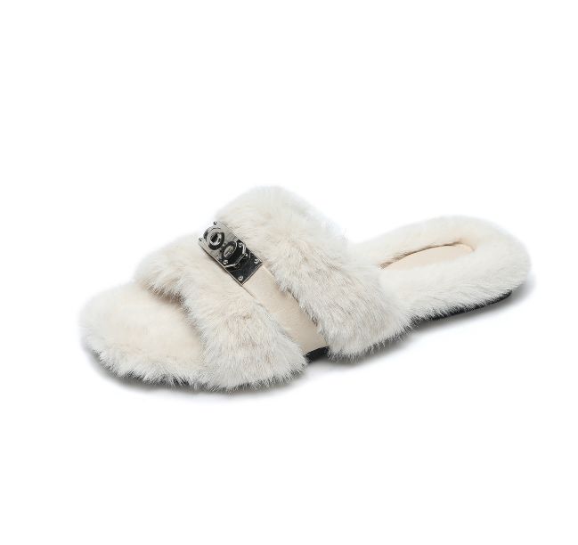 Women Spring Autumn Warm Slippers Indoor And Outdoor Short Plush Slides Flat Cotton Shoes Metal Chain Black Beige Grey 3_vogvips.com