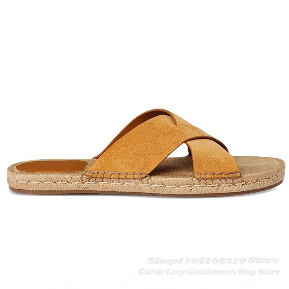 2026 Summer New Outdoor Casual Leather Cross Cool Slippers Men Round Toe Slip On Straw Weaving Sole Beach Comfort Mules_vogvips.com